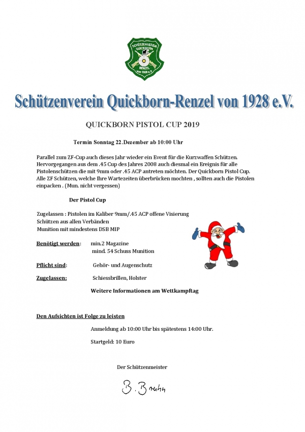 Ausschreibung Weihnachtsschießen: QUICKBORN PISTOL CUP 2019